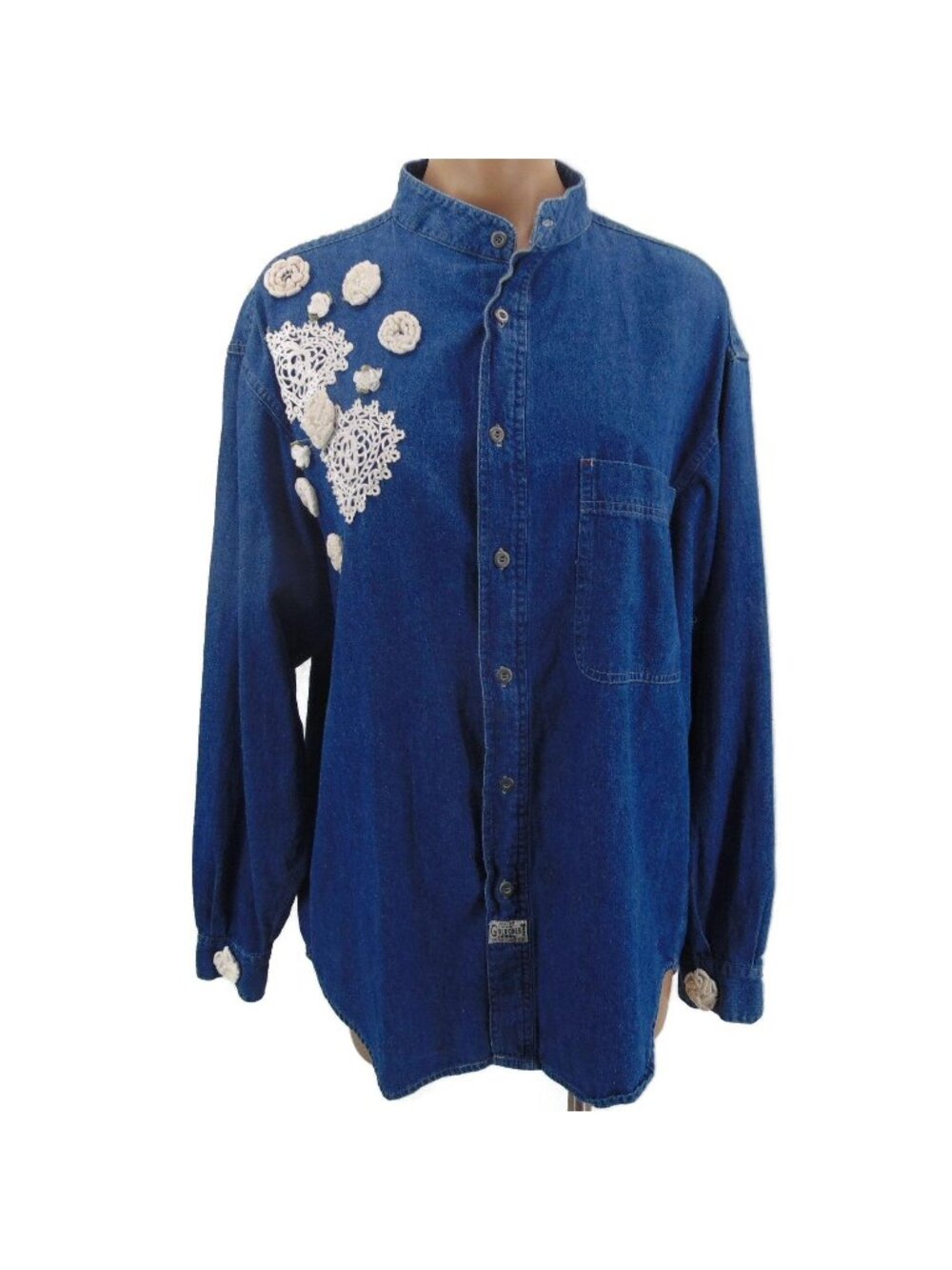 Vintage Bugle Boy Denim DIY Shirt XL Goldcrest Crochet Doily Cottagecore Grandma